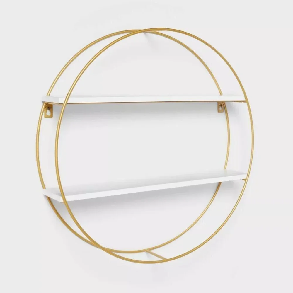 Pillowfort Kids' Modern Round Wall Shelf Gold Wire Frame 2 White Shelves -Target
